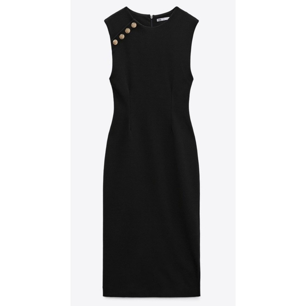 Zara Black Gold Button Midi Dress Womens Size Large Bodycon Dress - Picture 1 of 10